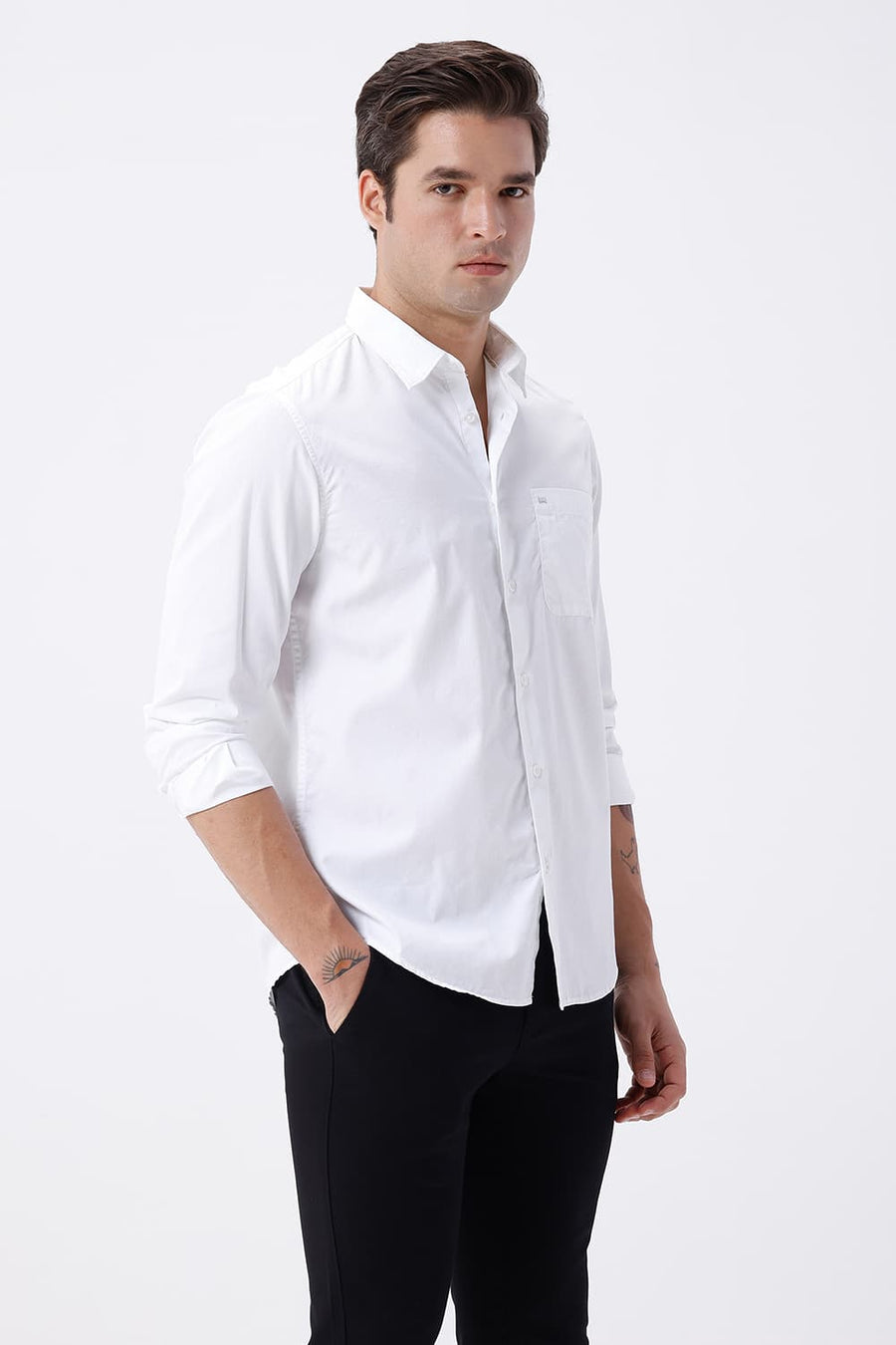 BASICS SLIM FIT LUCENT WHITE COTTON POLYESTER CAVALRY TWILL SHIRT