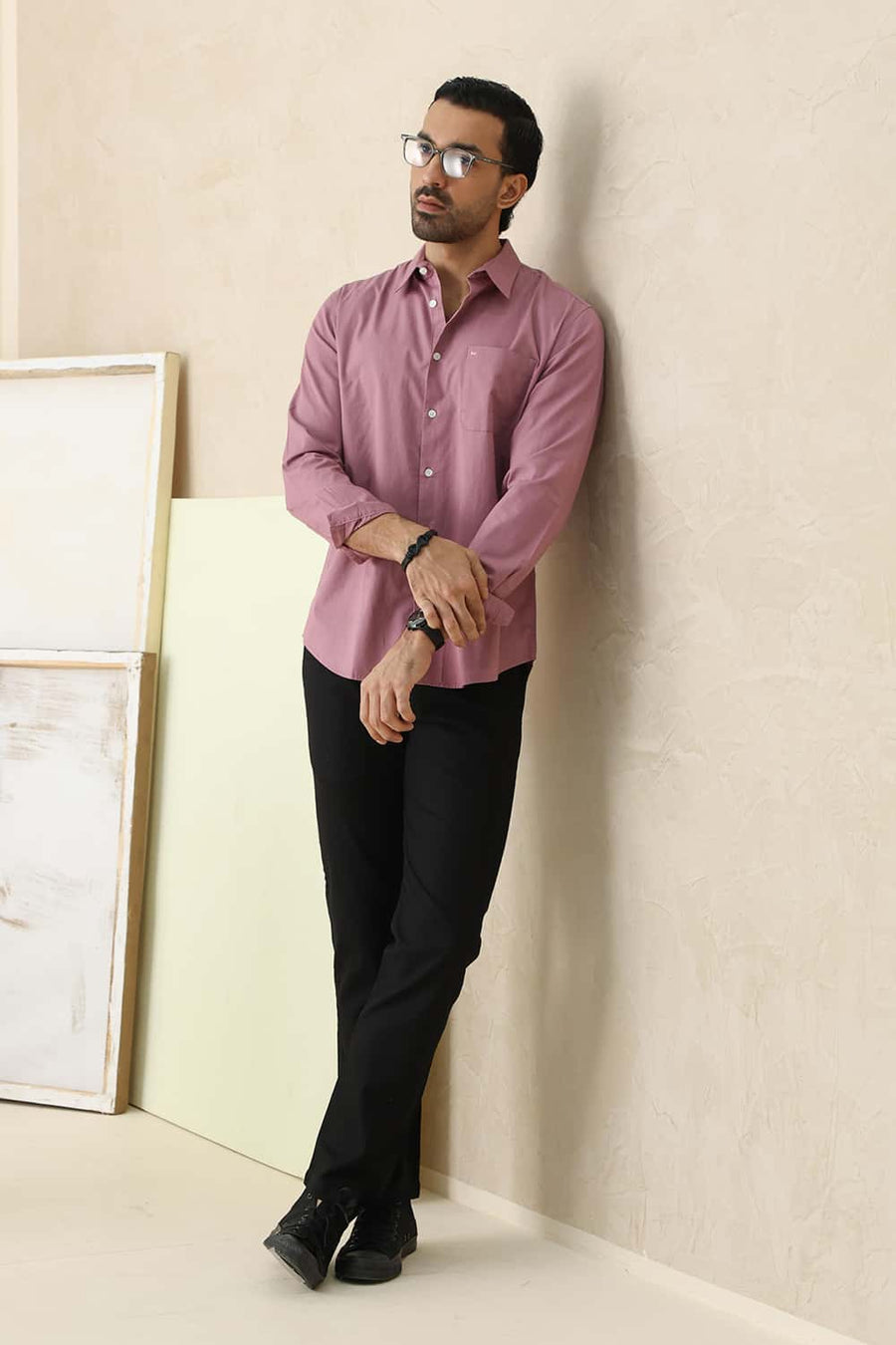 Basics Slim Fit Lilas Pink Cotton Twill Shirt