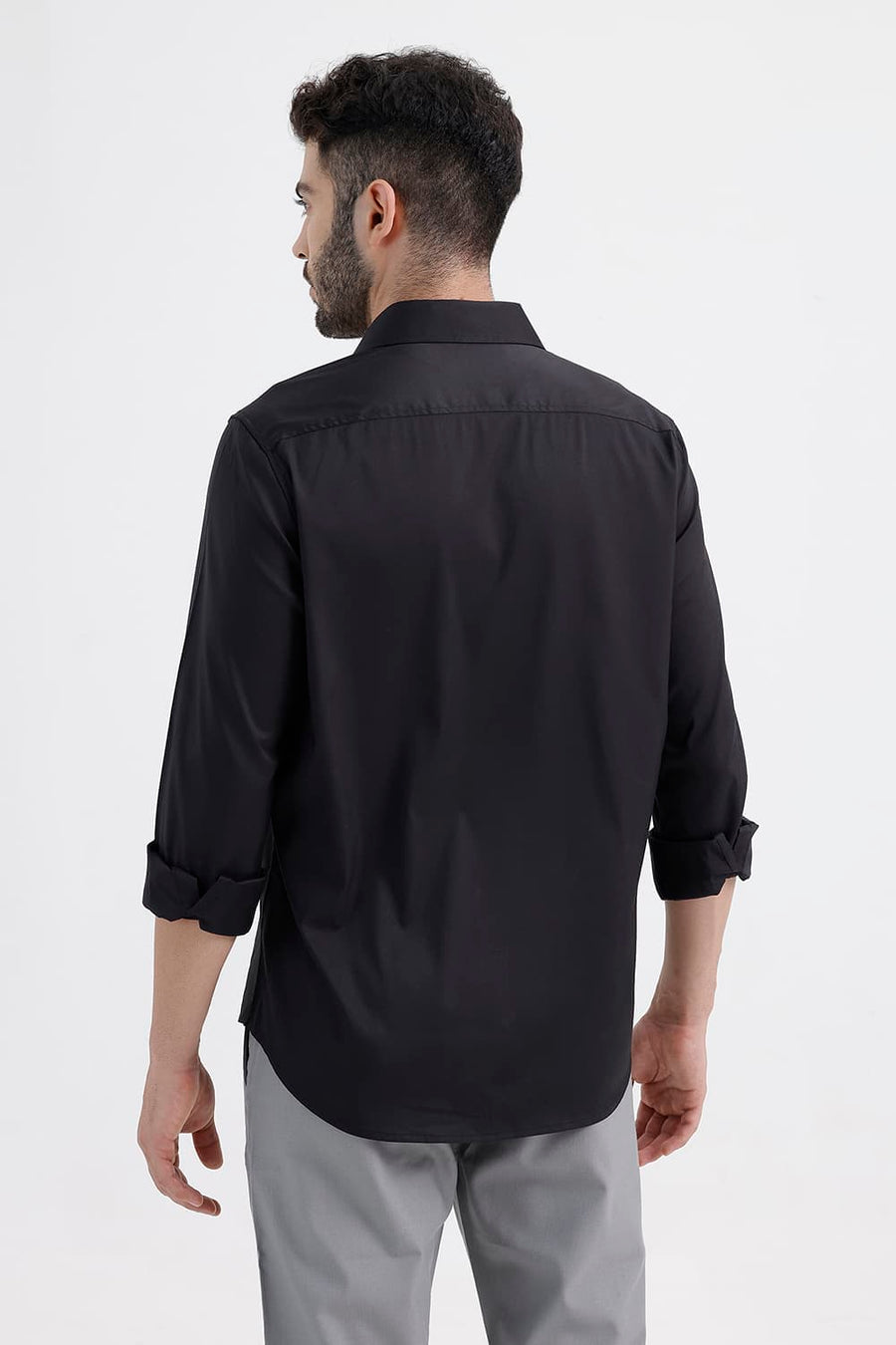 BASICS SLIM FIT ANTHRACITE BLACK POLYESTER STRETCH TWILL SHIRT