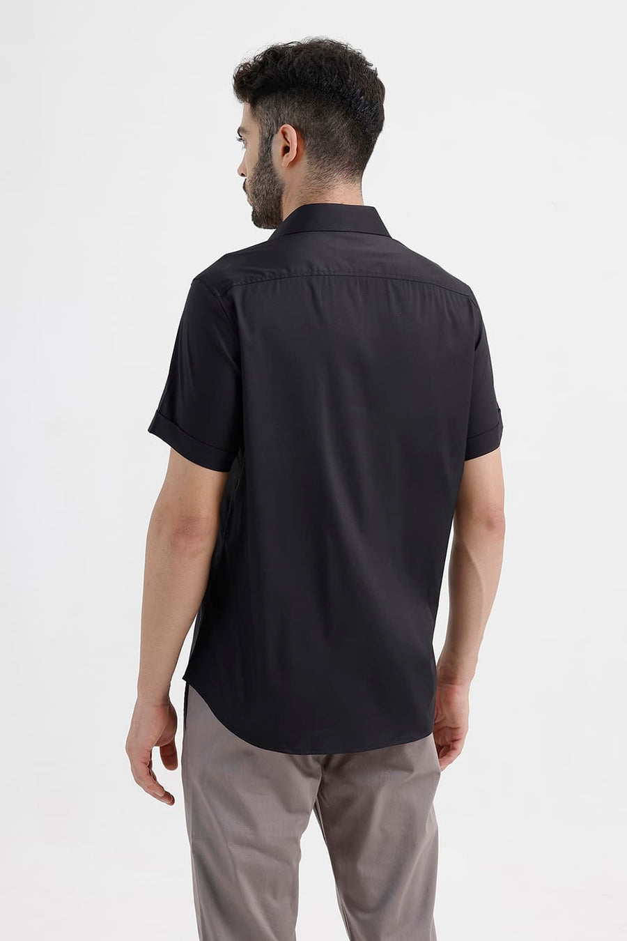 BASICS SLIM FIT ANTHRACITE BLACK POLYESTER STRETCH TWILL HALFSLEEVES SHIRT