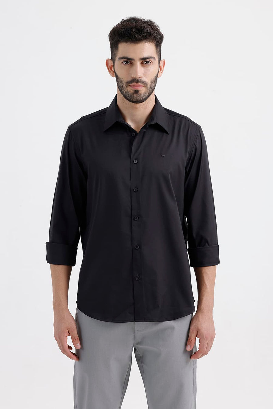 BASICS SLIM FIT ANTHRACITE BLACK POLYESTER STRETCH TWILL SHIRT