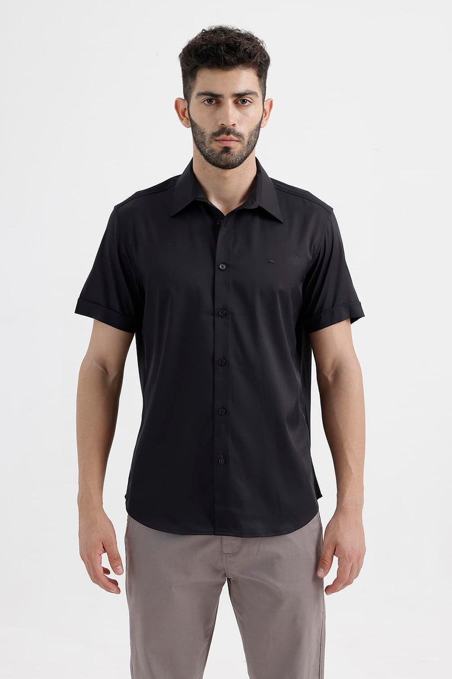 BASICS SLIM FIT ANTHRACITE BLACK POLYESTER STRETCH TWILL HALFSLEEVES SHIRT