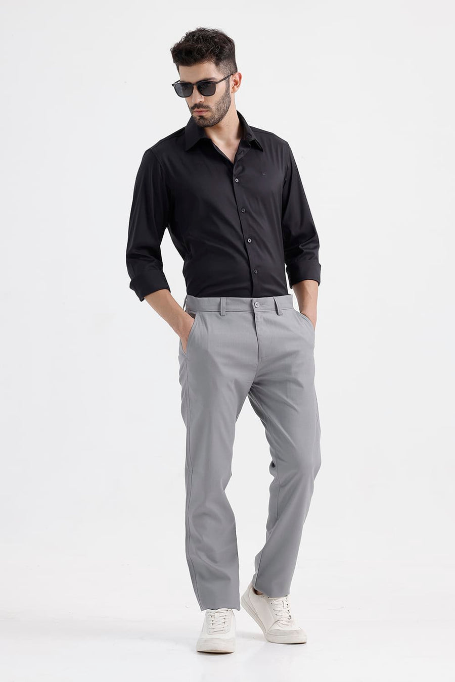 BASICS SLIM FIT ANTHRACITE BLACK POLYESTER STRETCH TWILL SHIRT