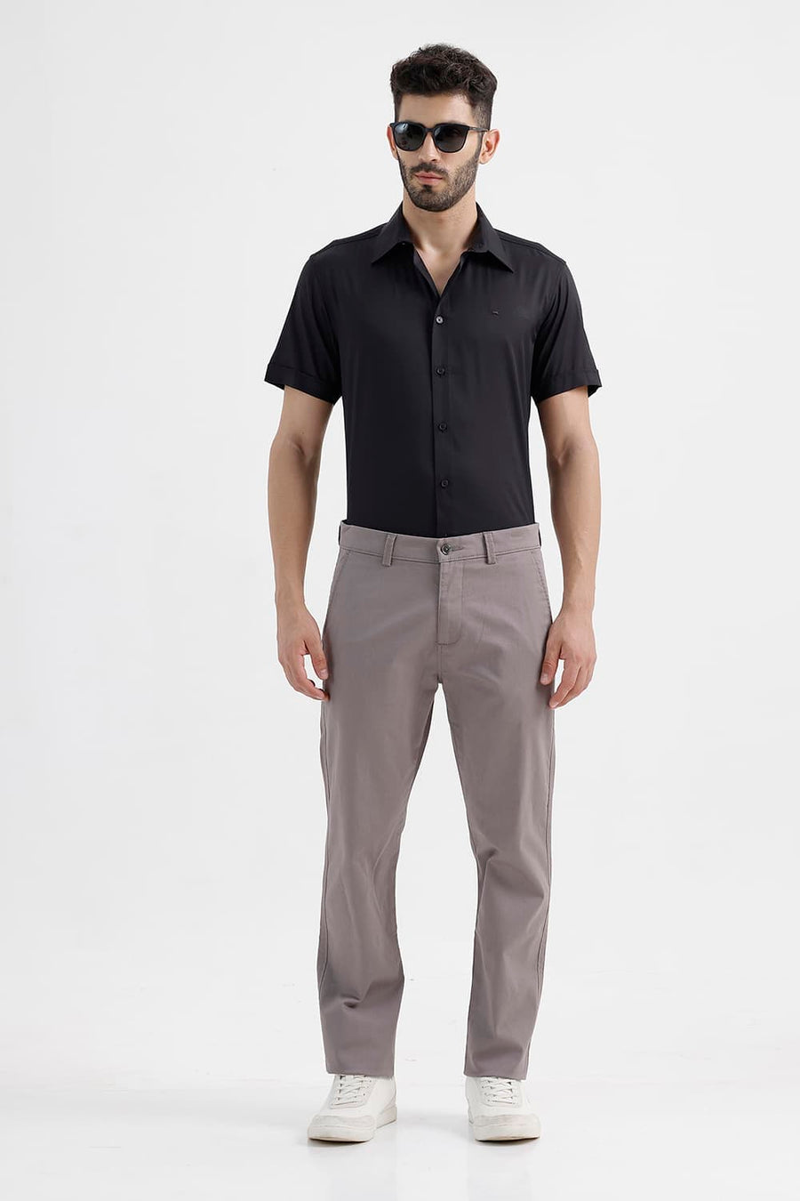 BASICS SLIM FIT ANTHRACITE BLACK POLYESTER STRETCH TWILL HALFSLEEVES SHIRT