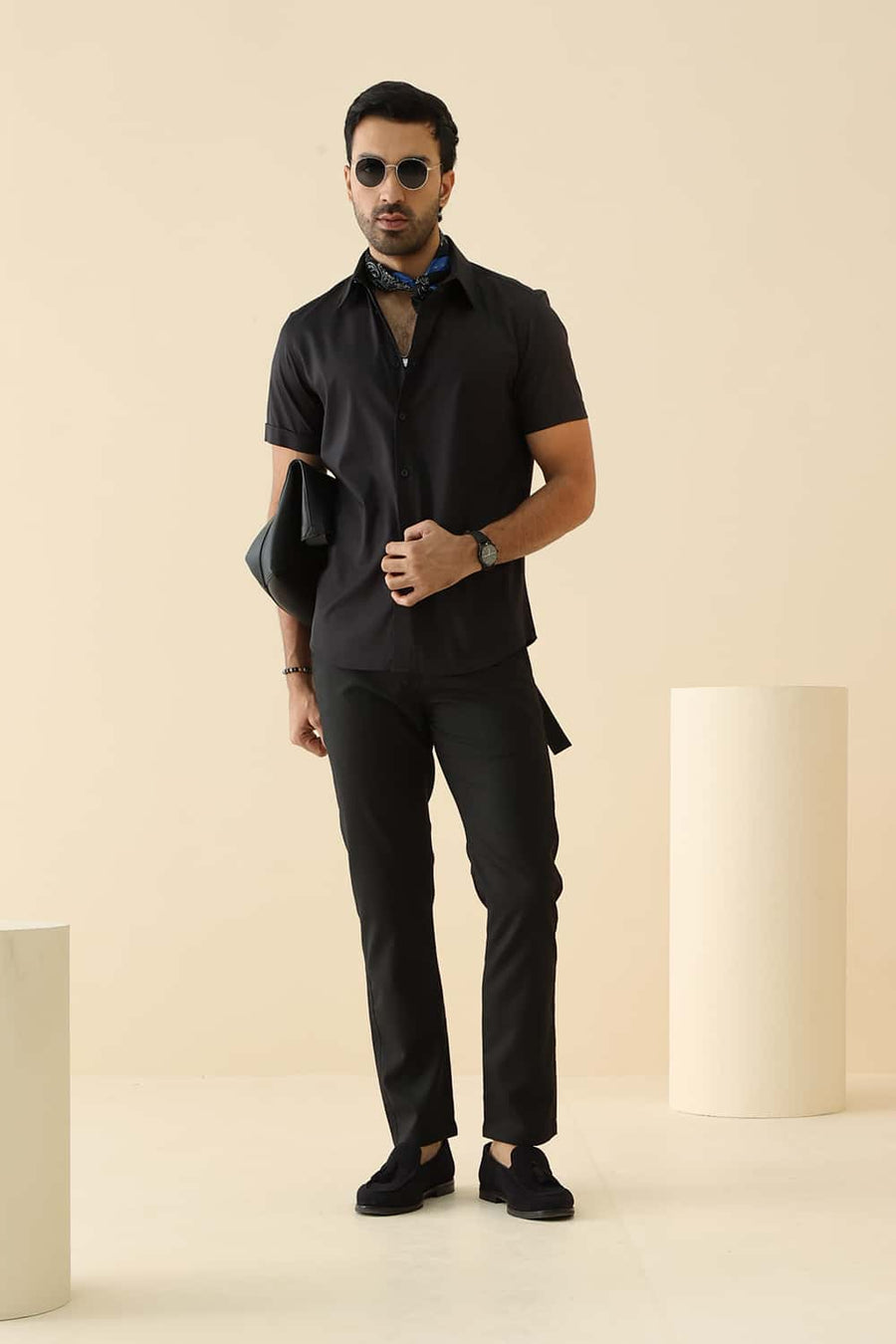 Basics Slim Fit Anthracite Black Polyester Stretch Twill Halfsleeves Shirt