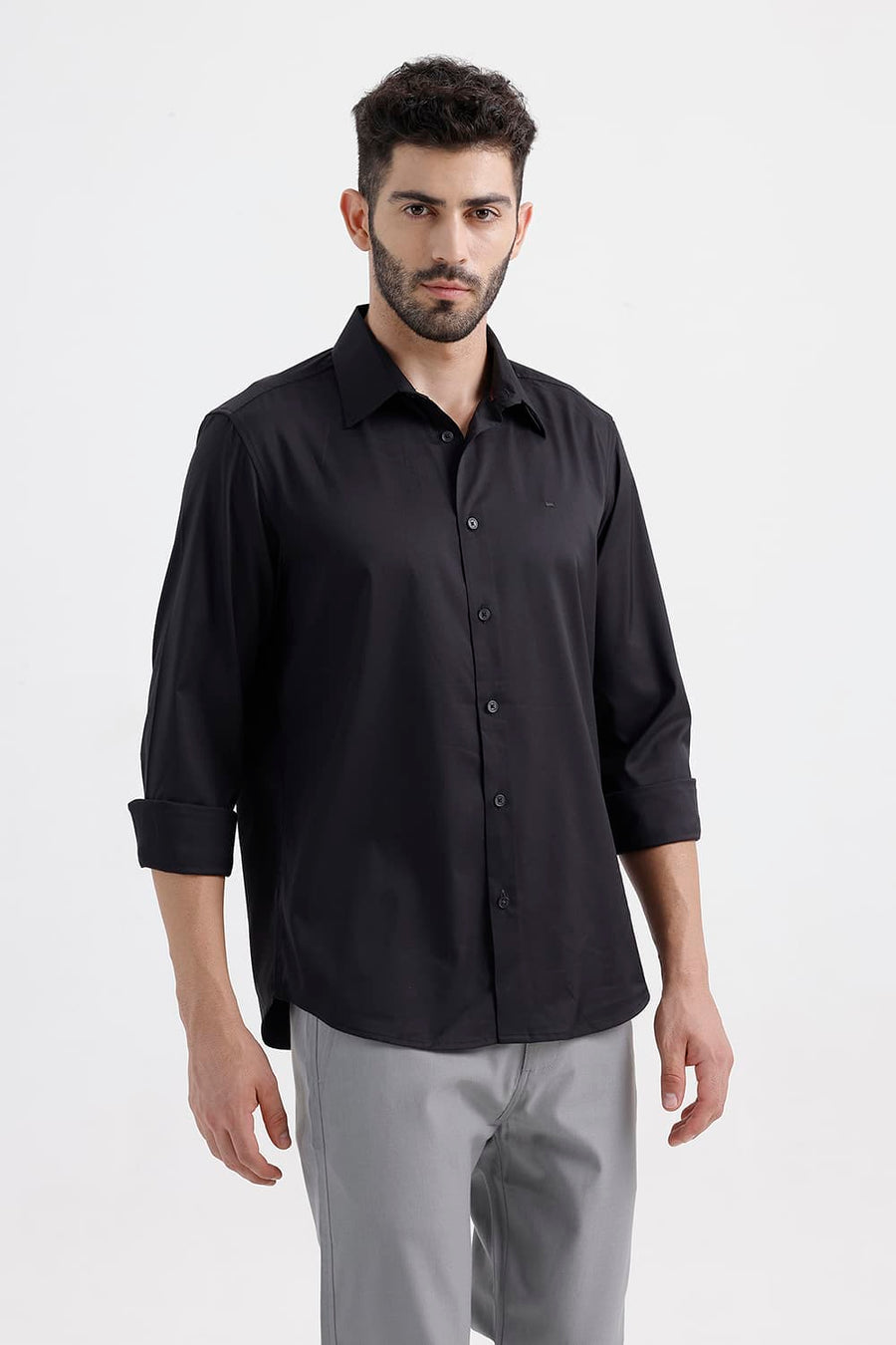 BASICS SLIM FIT ANTHRACITE BLACK POLYESTER STRETCH TWILL SHIRT