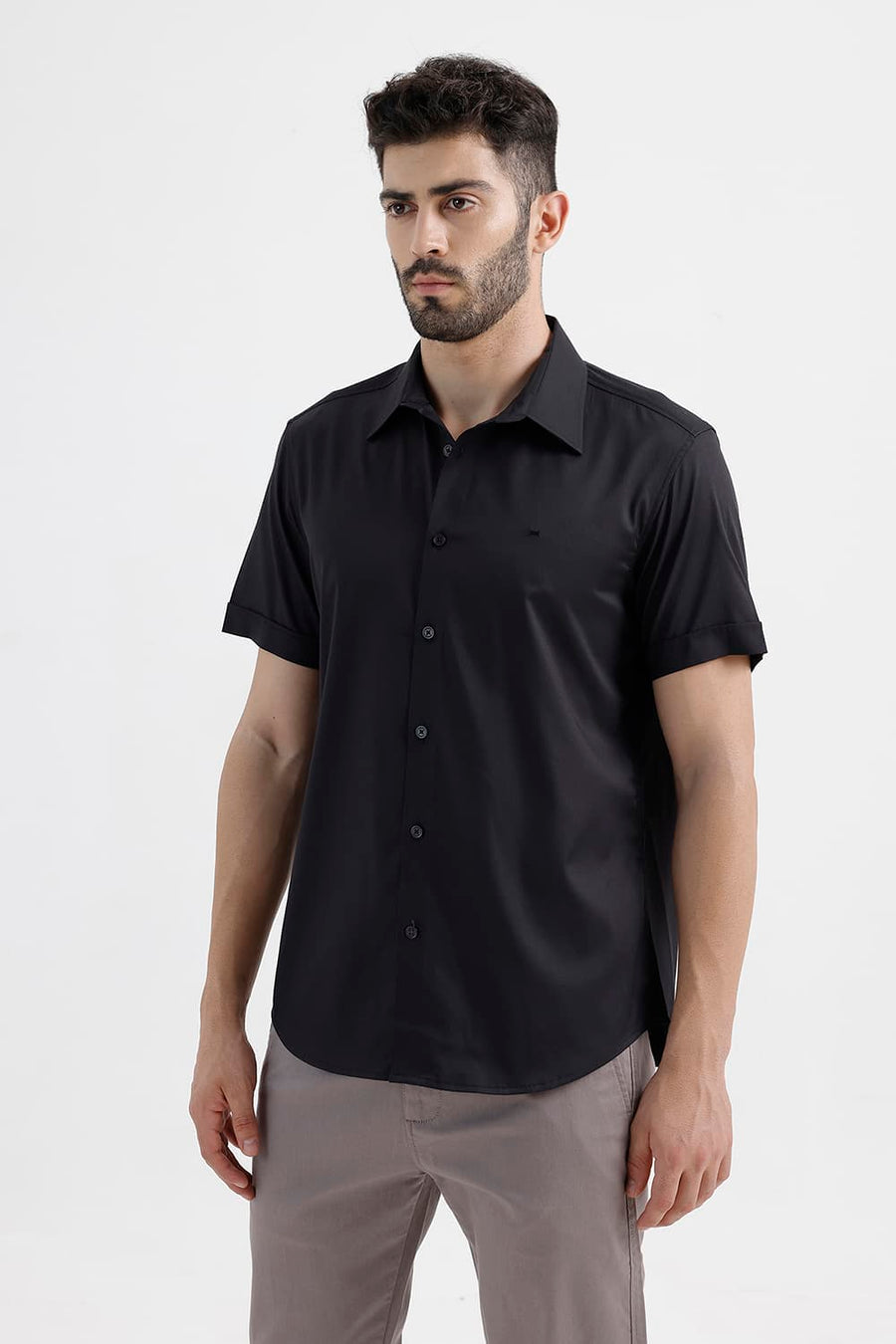 BASICS SLIM FIT ANTHRACITE BLACK POLYESTER STRETCH TWILL HALFSLEEVES SHIRT