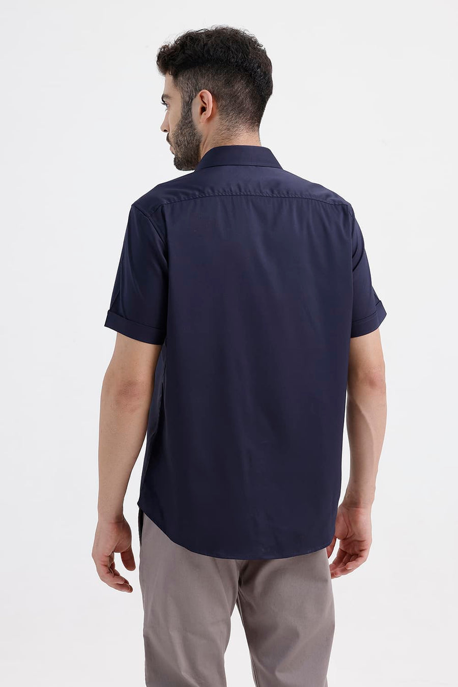 BASICS SLIM FIT NAVY NIGHT POLYESTER STRETCH TWILL HALFSLEEVES SHIRT