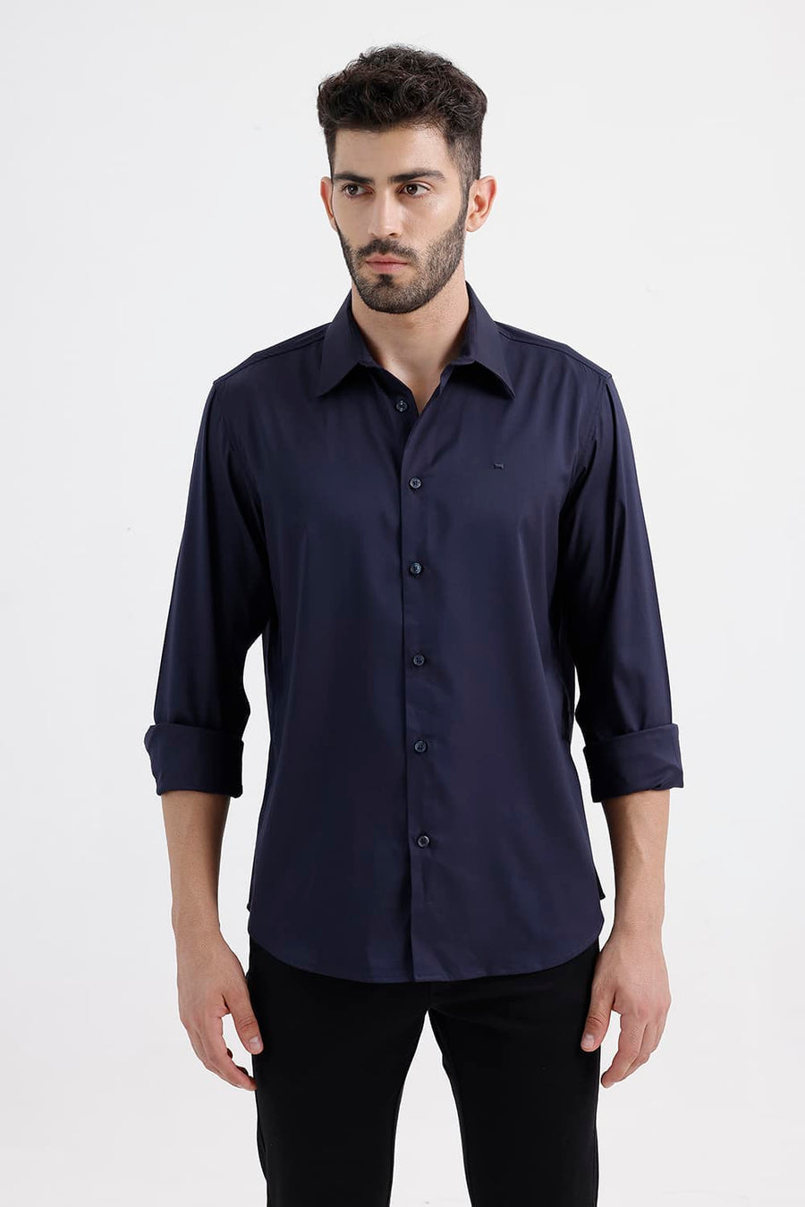 BASICS SLIM FIT NAVY NIGHT POLYESTER STRETCH TWILL SHIRT