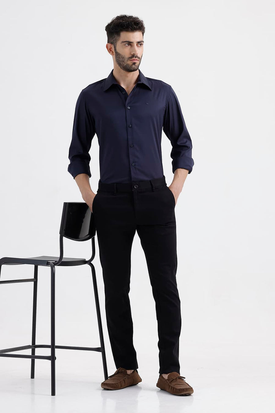 BASICS SLIM FIT NAVY NIGHT POLYESTER STRETCH TWILL SHIRT