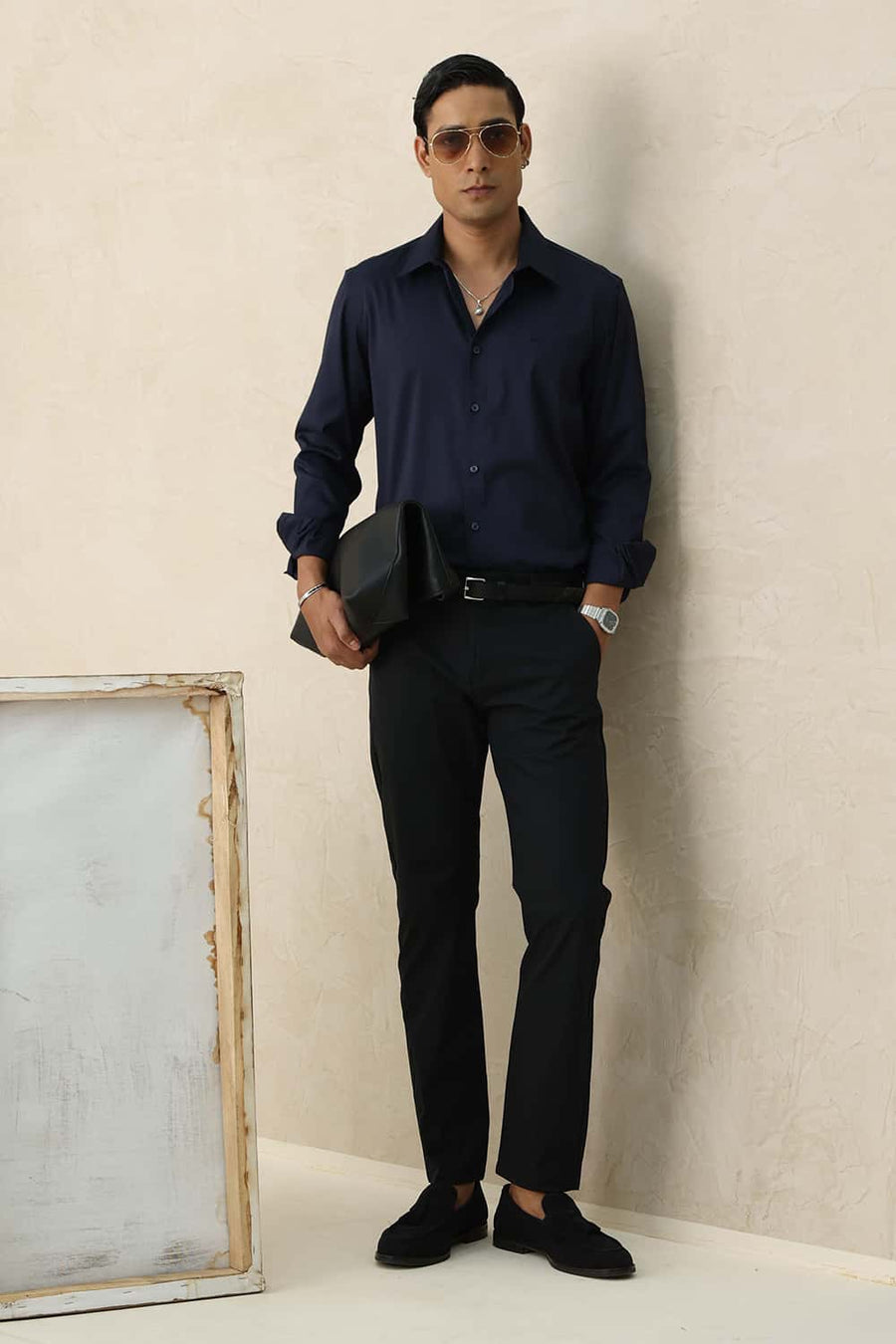 Basics Slim Fit Navy Night Polyester Stretch Twill Shirt