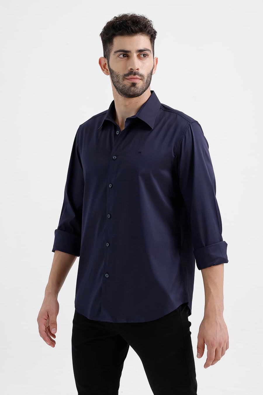 BASICS SLIM FIT NAVY NIGHT POLYESTER STRETCH TWILL SHIRT