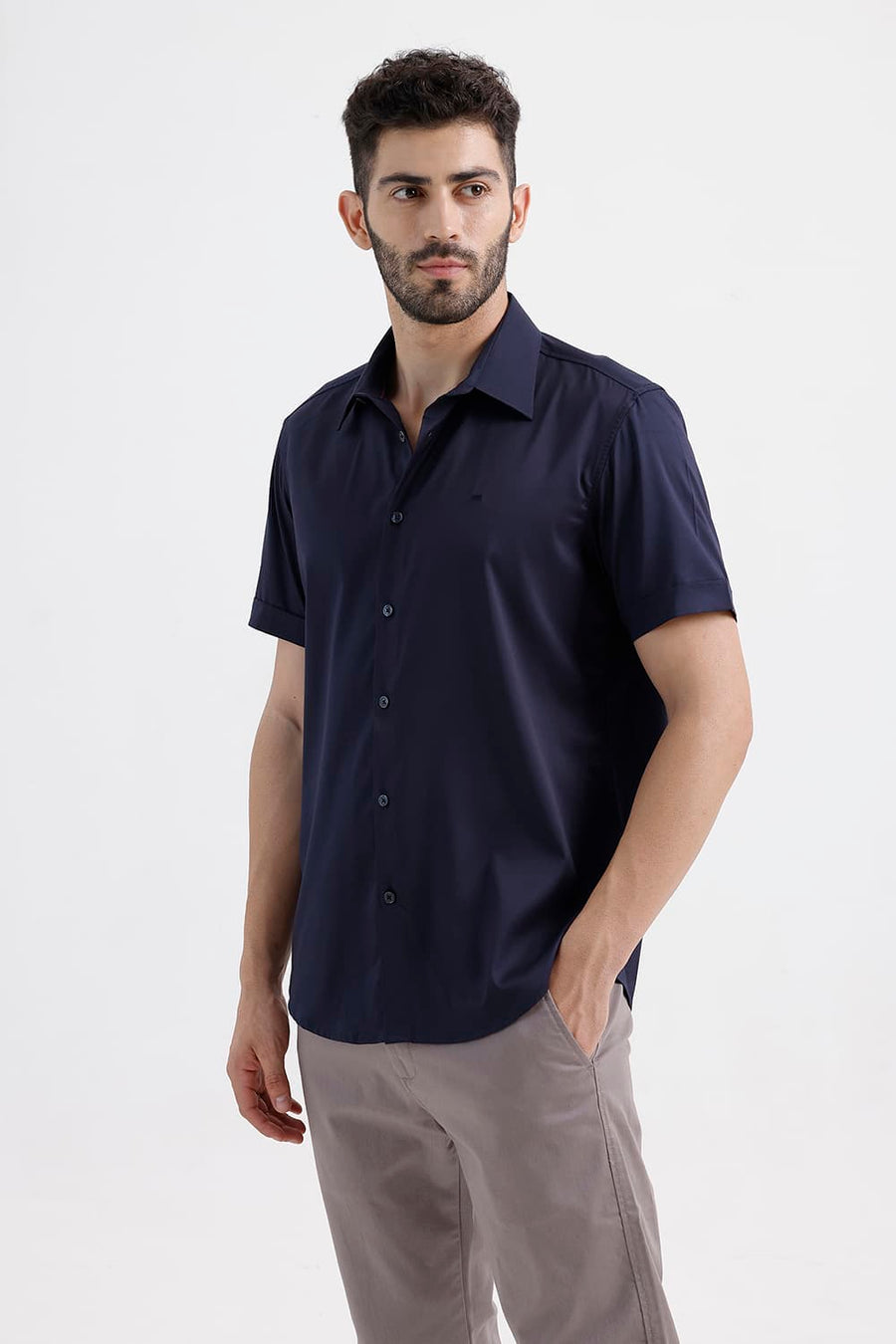 BASICS SLIM FIT NAVY NIGHT POLYESTER STRETCH TWILL HALFSLEEVES SHIRT