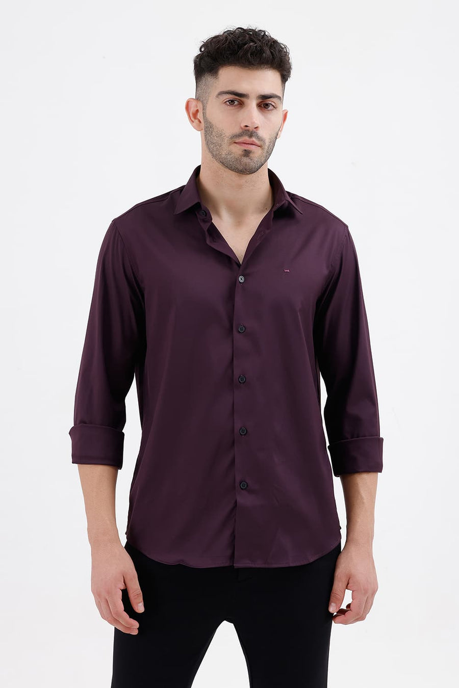 BASICS SLIM FIT PURPLE PLUM POLYESTER STRETCH TWILL SHIRT