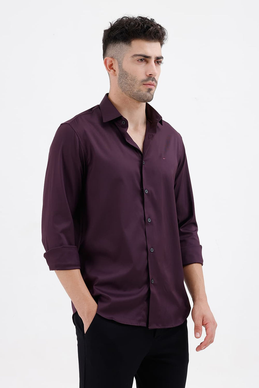 BASICS SLIM FIT PURPLE PLUM POLYESTER STRETCH TWILL SHIRT