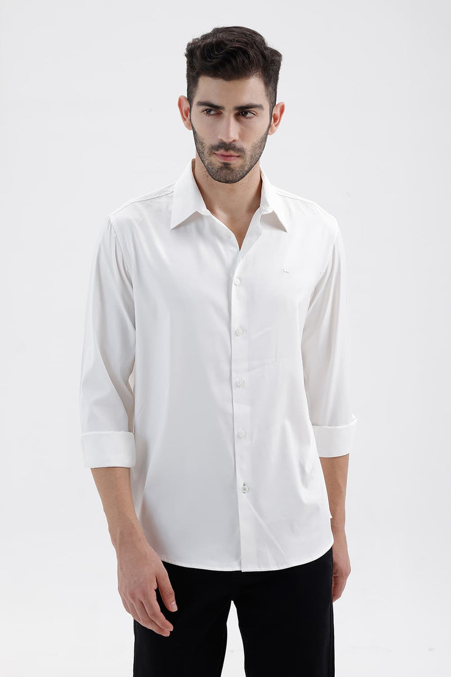 BASICS SLIM FIT BRILLIANT WHITE POLYESTER STRETCH TWILL SHIRT