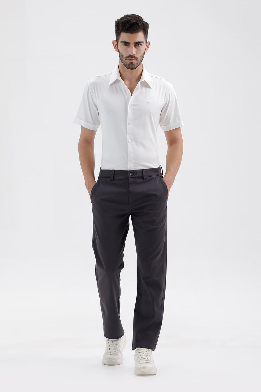 BASICS SLIM FIT BRILLIANT WHITE POLYESTER STRETCH TWILL HALFSLEEVES SHIRT