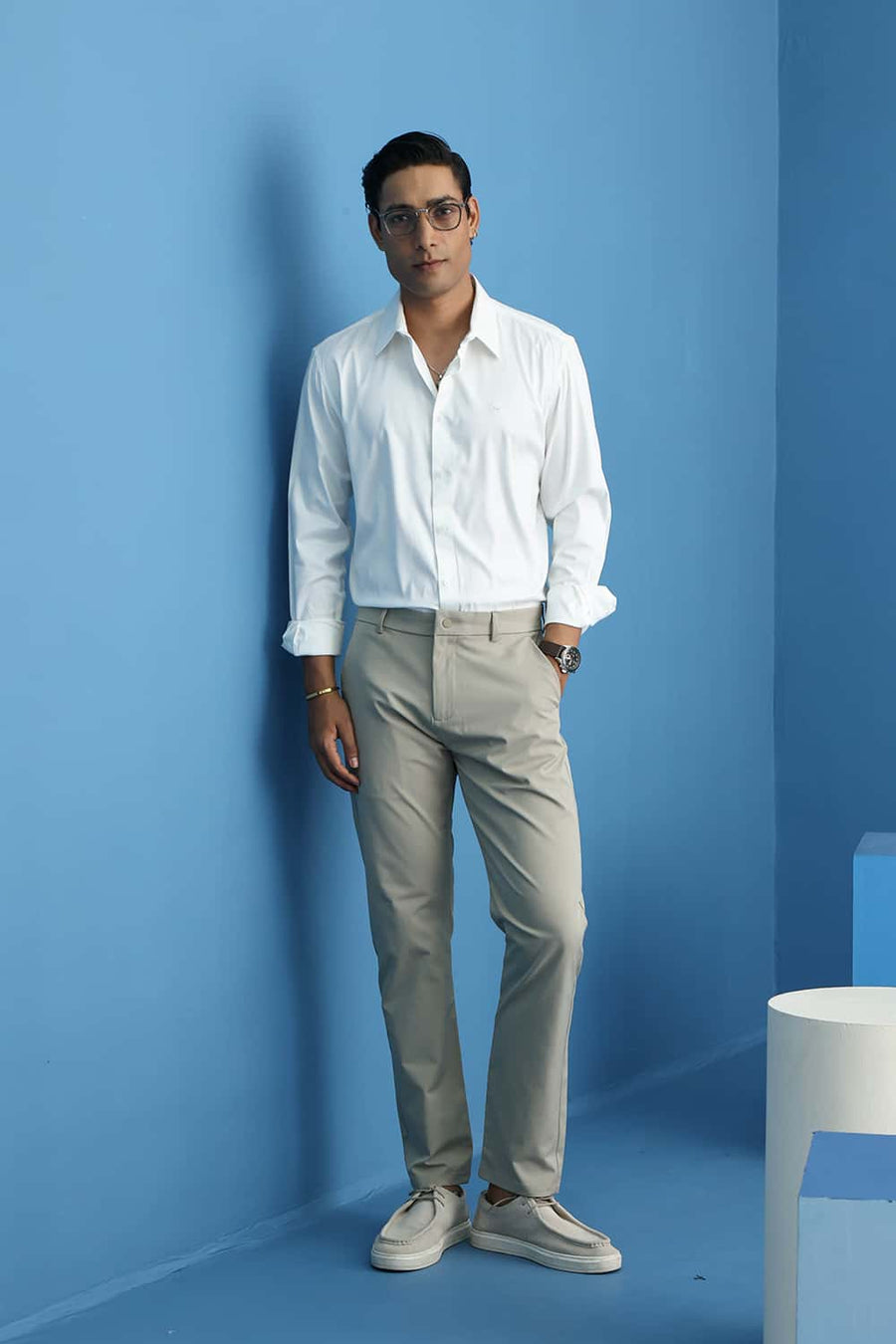 Basics Slim Fit Brilliant White Polyester Stretch Twill Shirt