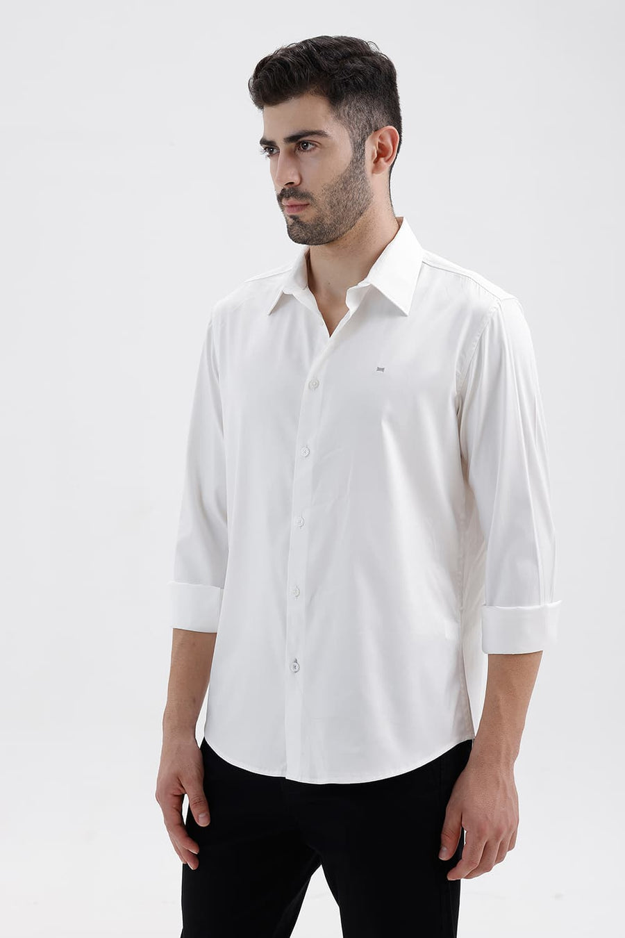 BASICS SLIM FIT BRILLIANT WHITE POLYESTER STRETCH TWILL SHIRT