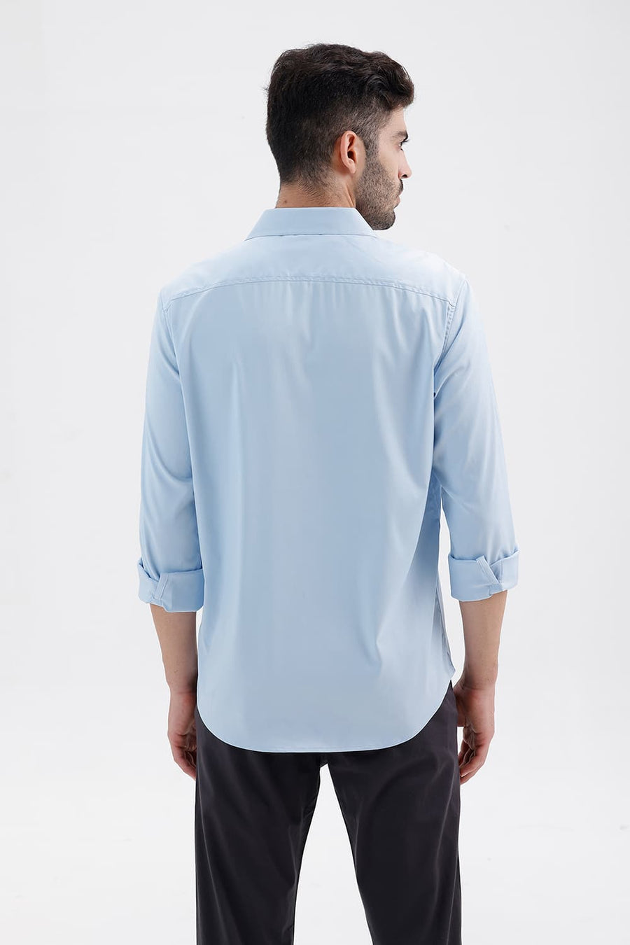 BASICS SLIM FIT SKYRIDE BLUE POLYESTER STRETCH TWILL SHIRT
