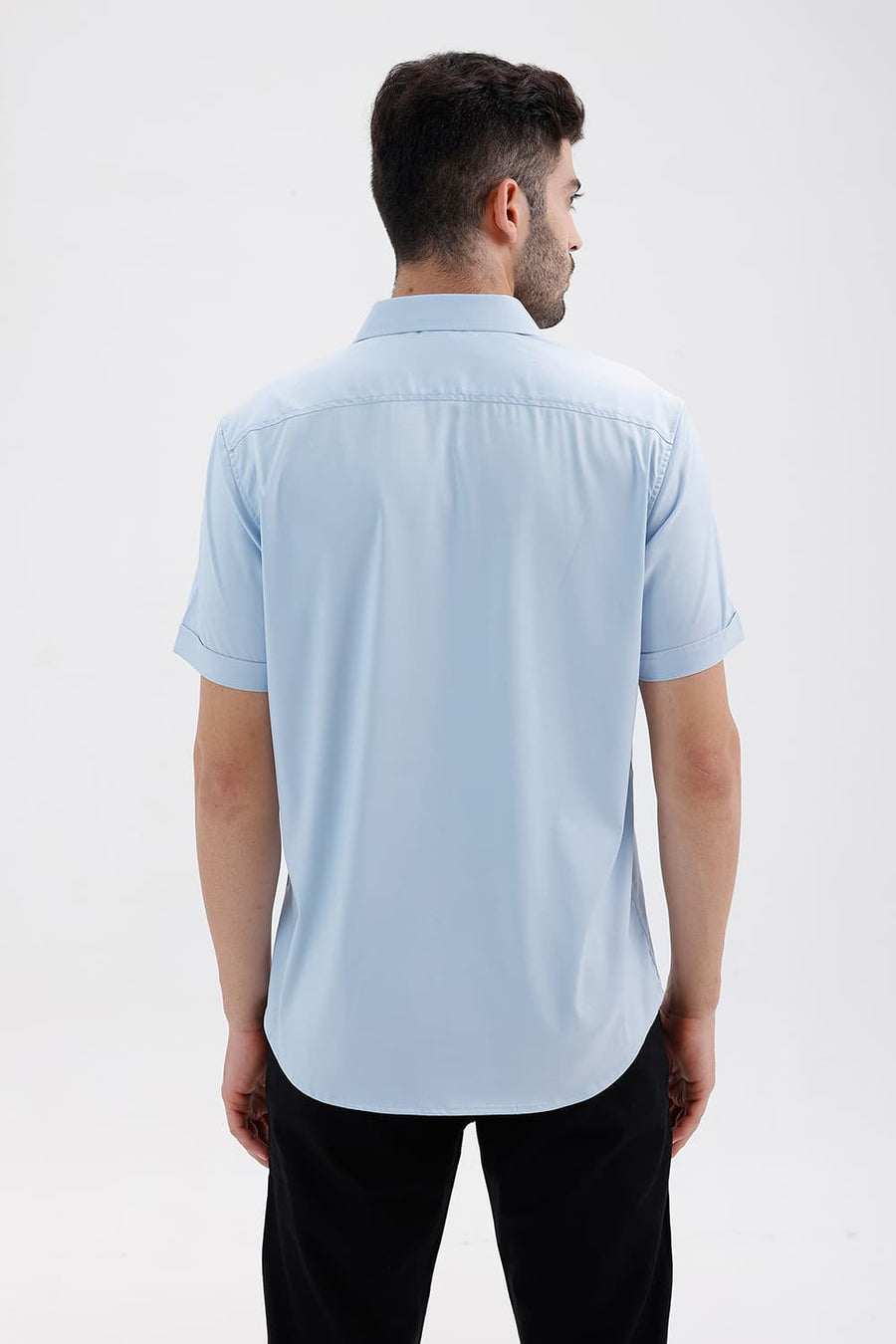 BASICS SLIM FIT SKYRIDE BLUE POLYESTER STRETCH TWILL HALFSLEEVES SHIRT