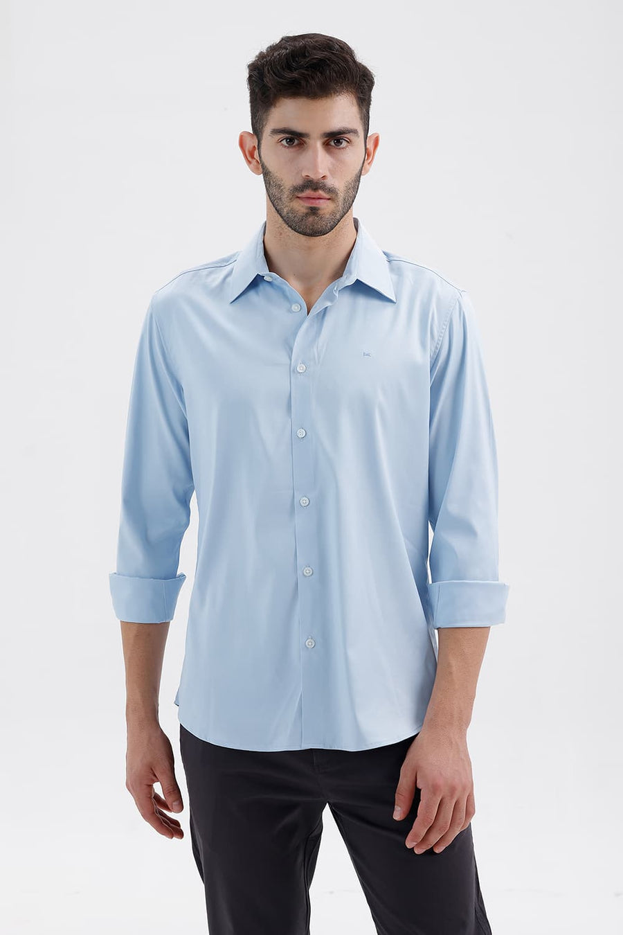 BASICS SLIM FIT SKYRIDE BLUE POLYESTER STRETCH TWILL SHIRT