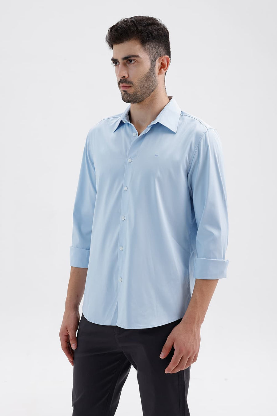 BASICS SLIM FIT SKYRIDE BLUE POLYESTER STRETCH TWILL SHIRT