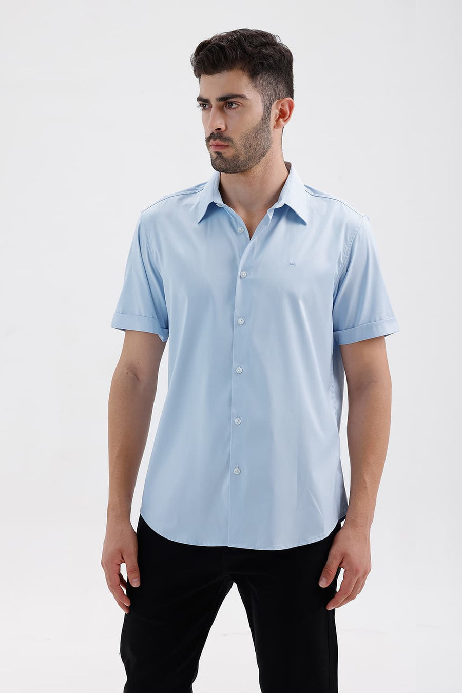 BASICS SLIM FIT SKYRIDE BLUE POLYESTER STRETCH TWILL HALFSLEEVES SHIRT