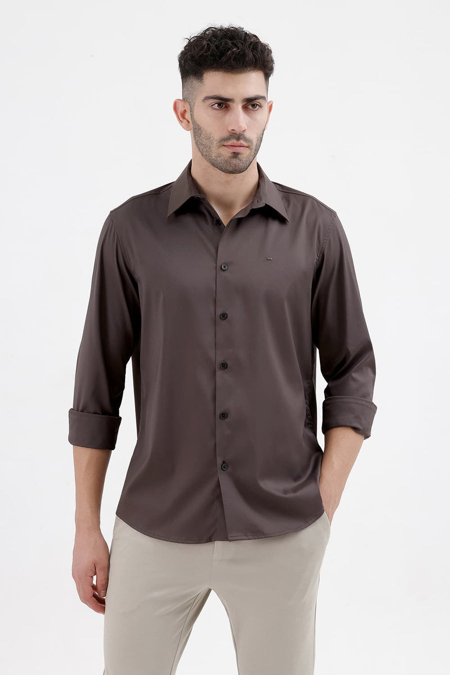 BASICS SLIM FIT CORE GREY POLYESTER STRETCH TWILL SHIRT