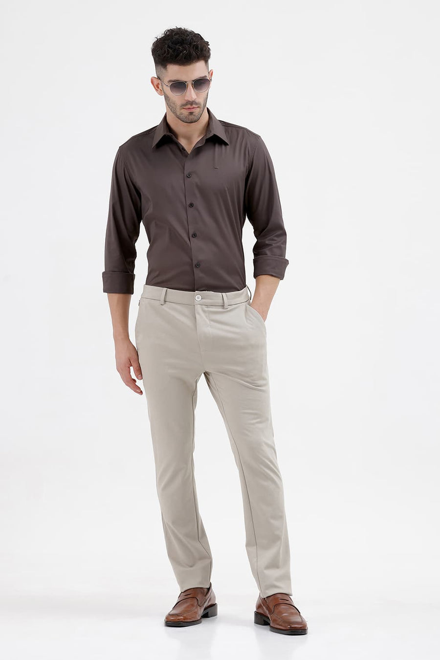 BASICS SLIM FIT CORE GREY POLYESTER STRETCH TWILL SHIRT