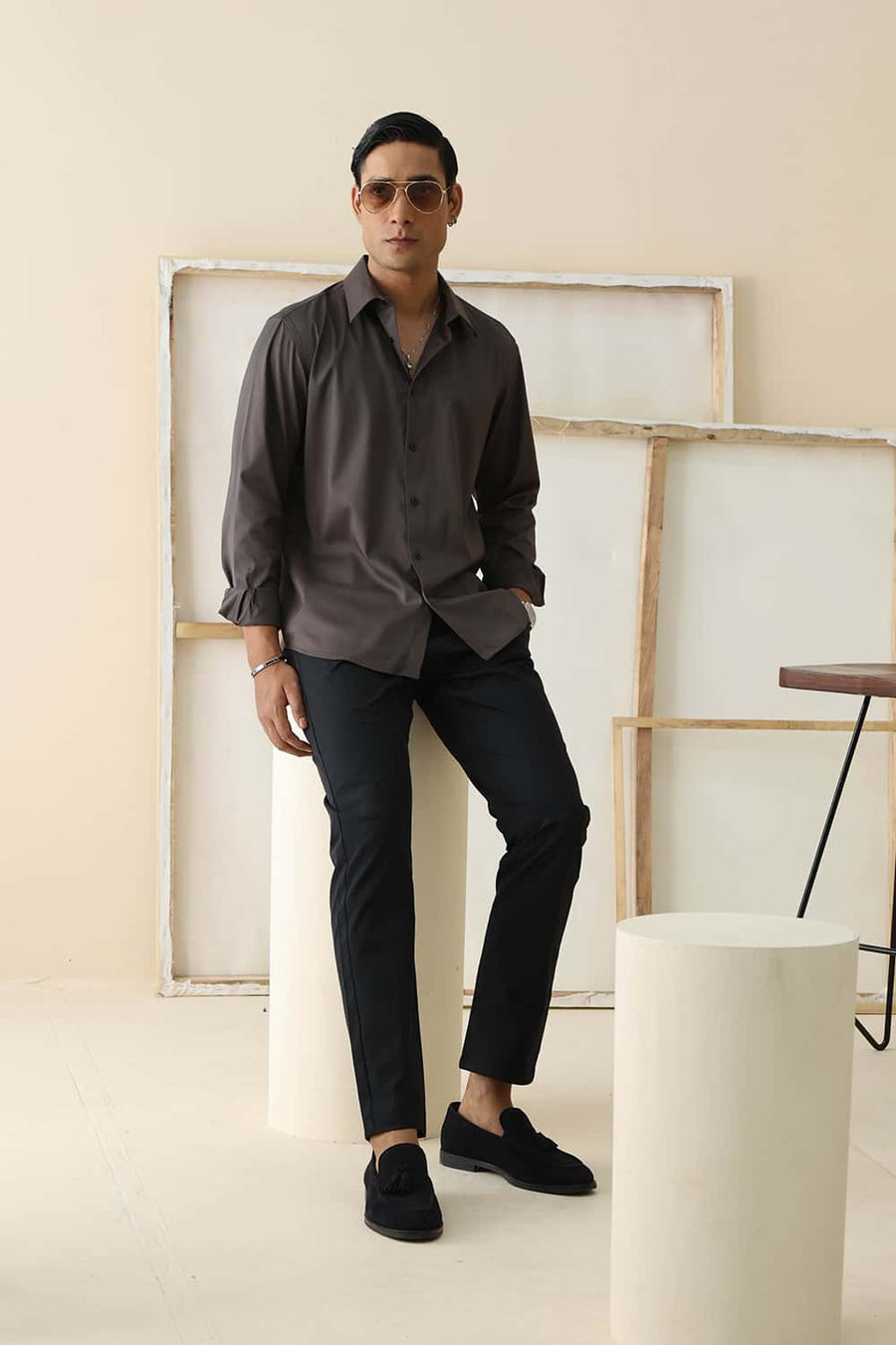 BASICS SLIM FIT CORE GREY POLYESTER STRETCH TWILL SHIRT