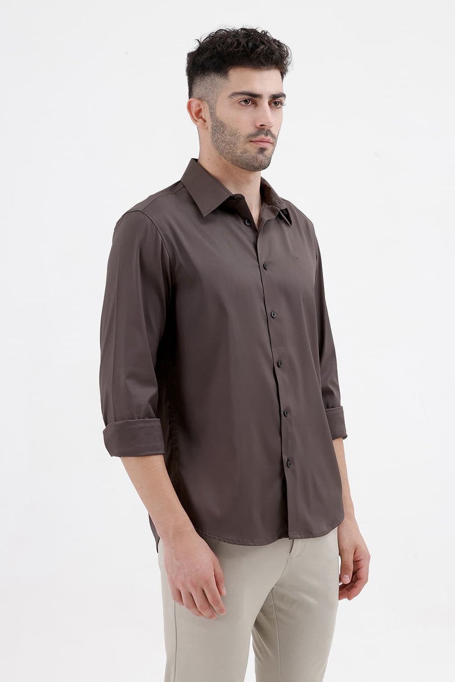 BASICS SLIM FIT CORE GREY POLYESTER STRETCH TWILL SHIRT