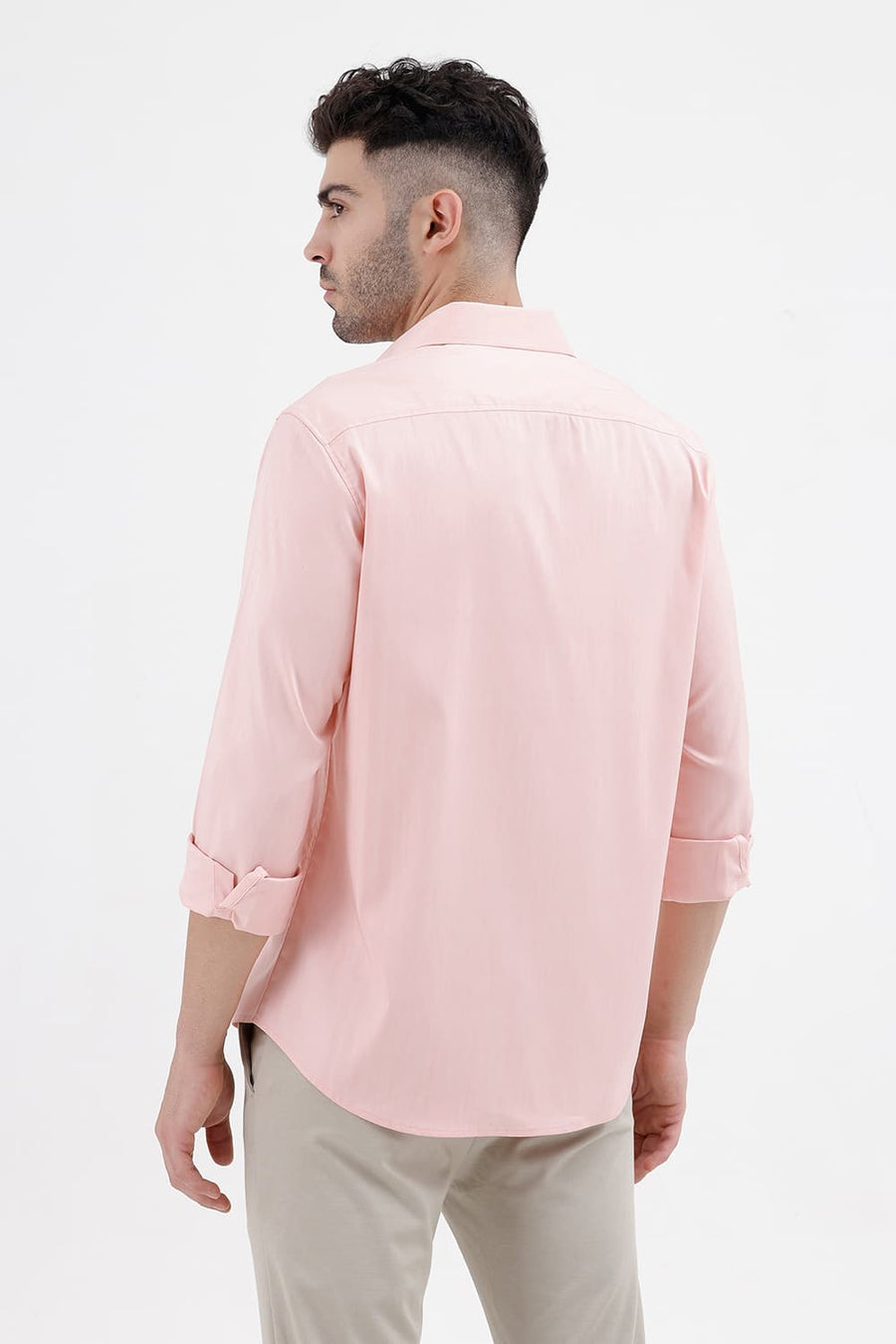 BASICS SLIM FIT POWDER PINK POLYESTER STRETCH TWILL SHIRT