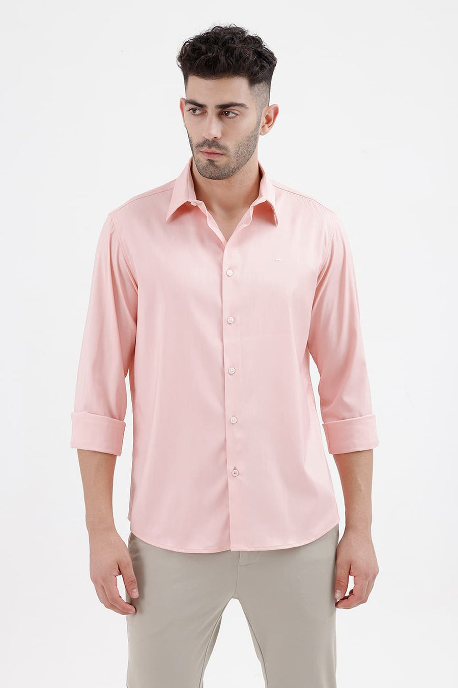BASICS SLIM FIT POWDER PINK POLYESTER STRETCH TWILL SHIRT
