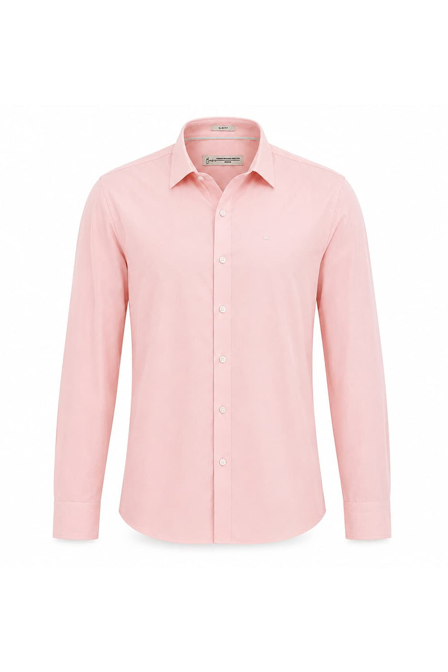 BASICS SLIM FIT POWDER PINK POLYESTER STRETCH TWILL SHIRT