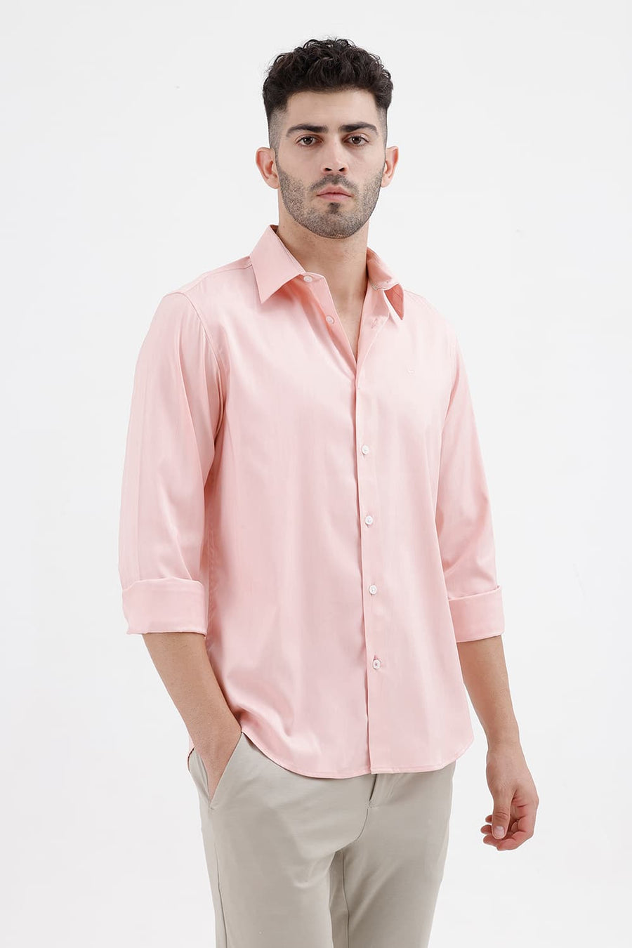 BASICS SLIM FIT POWDER PINK POLYESTER STRETCH TWILL SHIRT