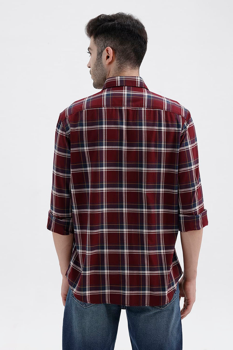 BASICS SLIM FIT POMEGRANATE RED COTTON TWILL CHECKS SHIRT