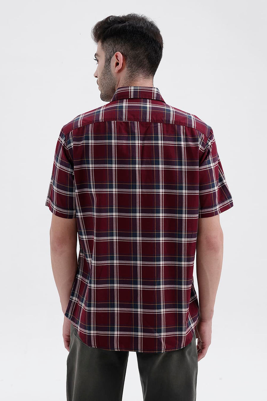 BASICS SLIM FIT POMEGRANATE RED COTTON TWILL CHECKS HALFSLEEVES SHIRT