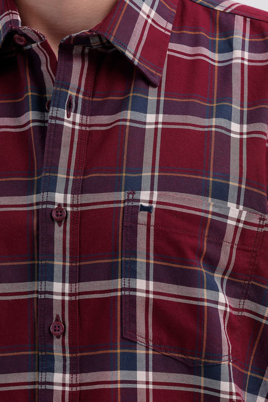 BASICS SLIM FIT POMEGRANATE RED COTTON TWILL CHECKS SHIRT