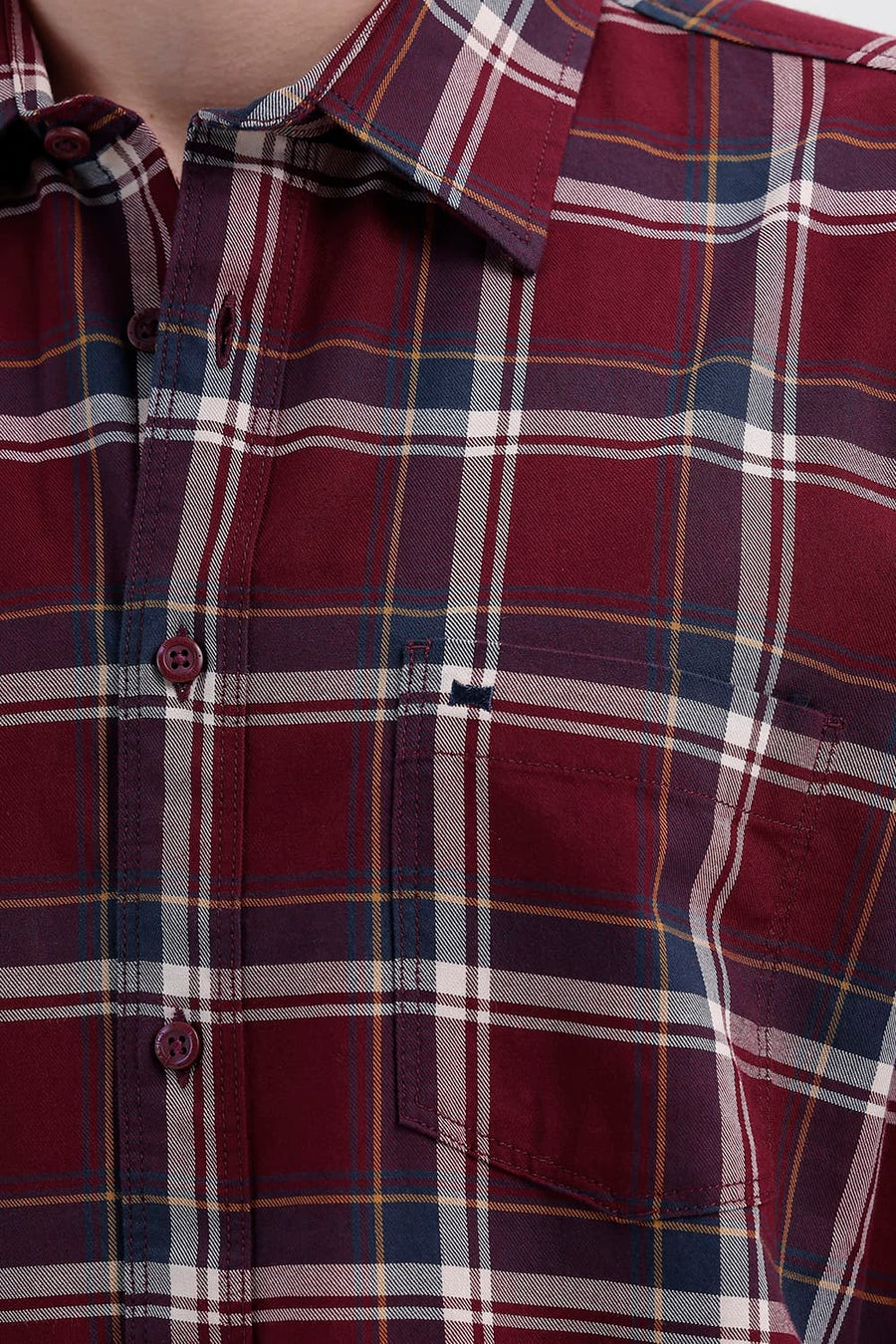BASICS SLIM FIT POMEGRANATE RED COTTON TWILL CHECKS HALFSLEEVES SHIRT