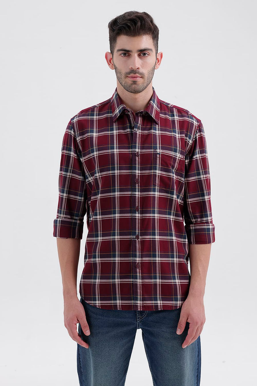 BASICS SLIM FIT POMEGRANATE RED COTTON TWILL CHECKS SHIRT