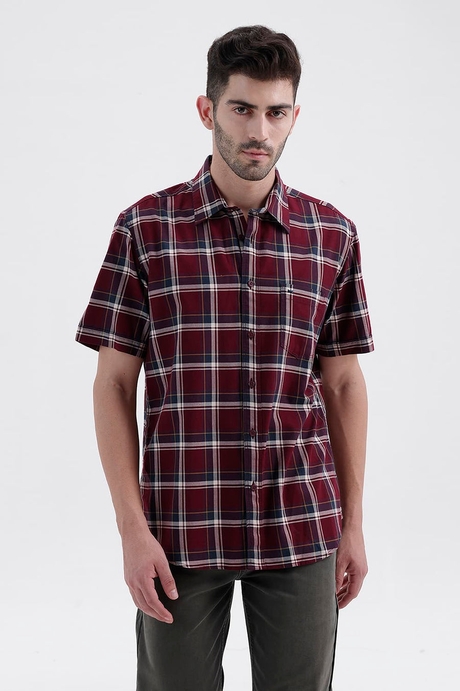 BASICS SLIM FIT POMEGRANATE RED COTTON TWILL CHECKS HALFSLEEVES SHIRT