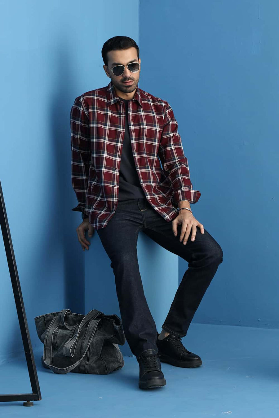 Basics Slim Fit Pomegranate Red Cotton Twill Checks Shirt