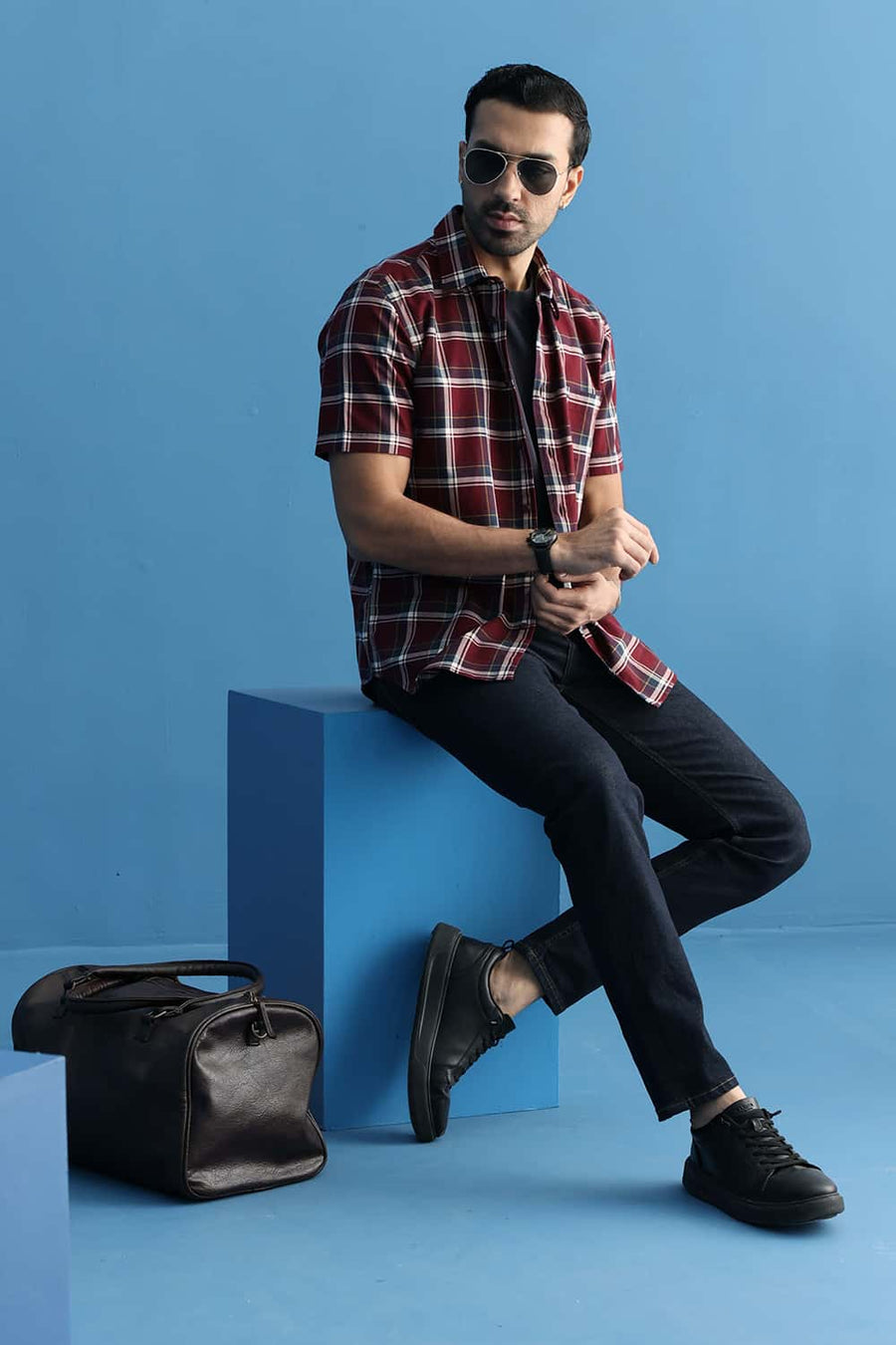 Basics Slim Fit Pomegranate Red Cotton Twill Checks Halfsleeves Shirt