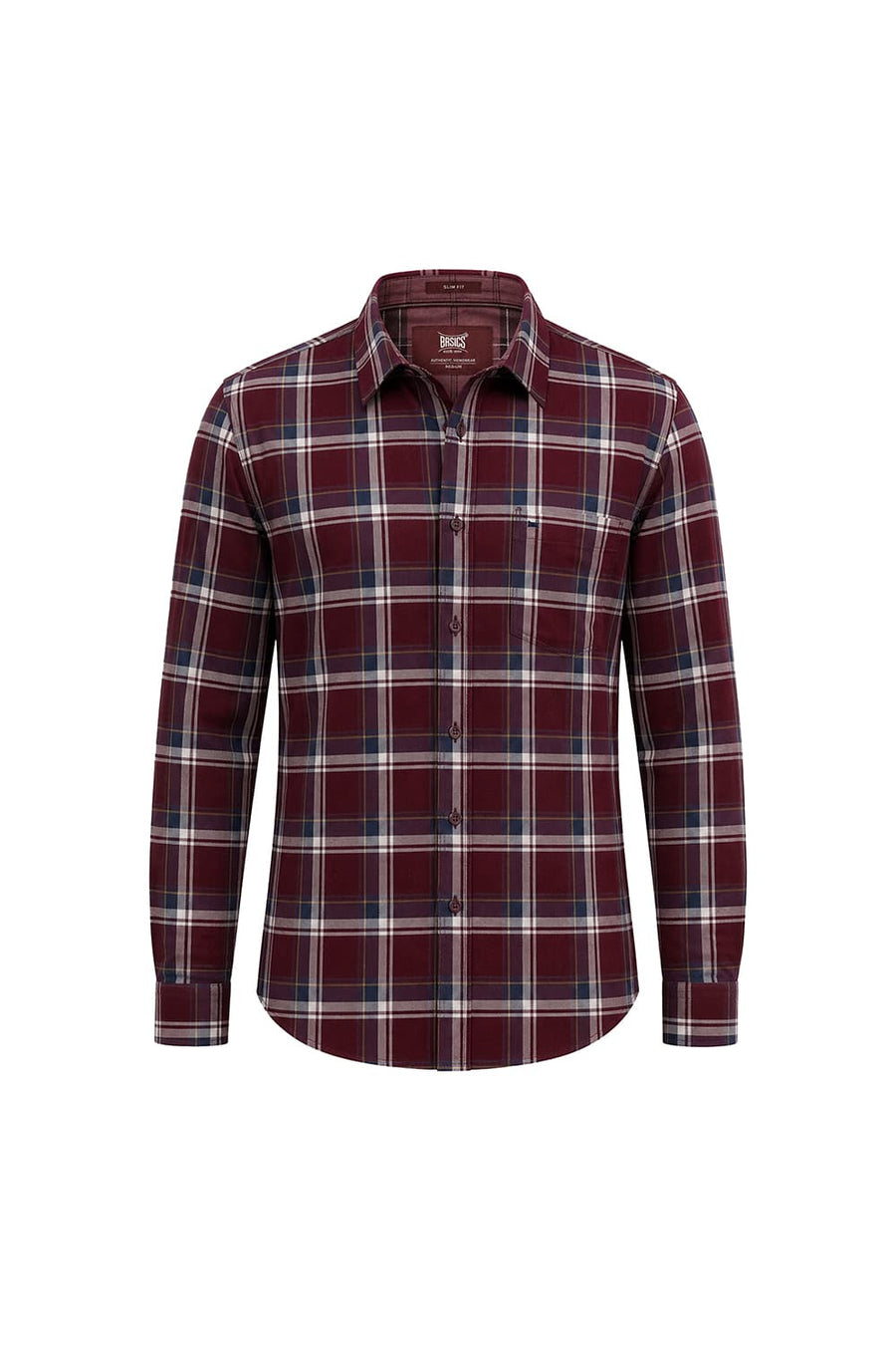 BASICS SLIM FIT POMEGRANATE RED COTTON TWILL CHECKS SHIRT
