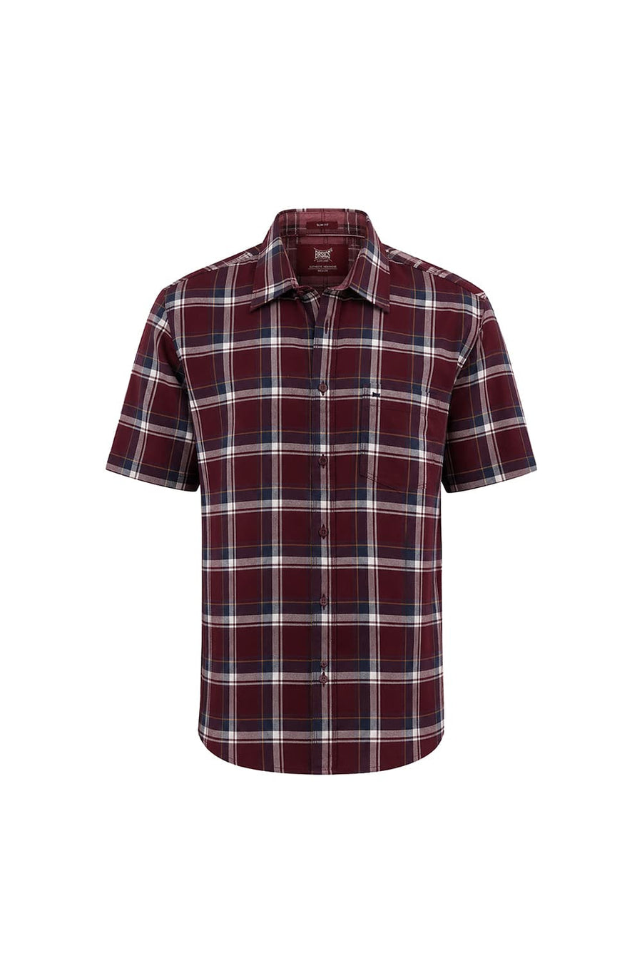 BASICS SLIM FIT POMEGRANATE RED COTTON TWILL CHECKS HALFSLEEVES SHIRT