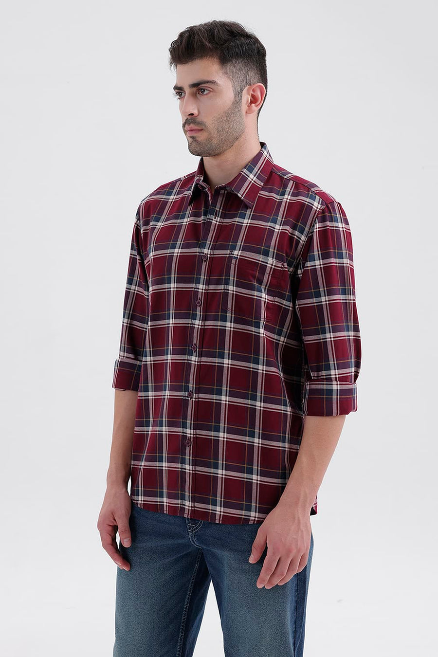 BASICS SLIM FIT POMEGRANATE RED COTTON TWILL CHECKS SHIRT