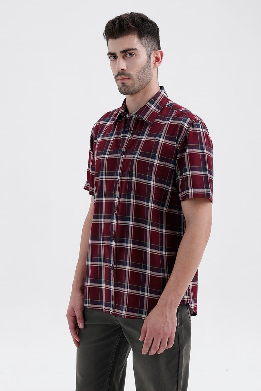 BASICS SLIM FIT POMEGRANATE RED COTTON TWILL CHECKS HALFSLEEVES SHIRT