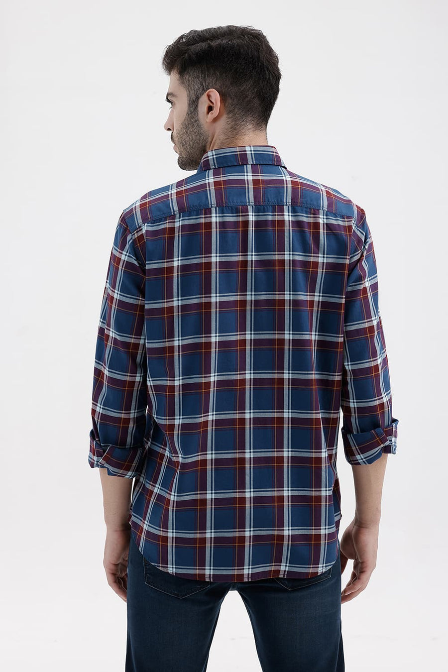 BASICS SLIM FIT POSEIDON BLUE COTTON TWILL CHECKS SHIRT