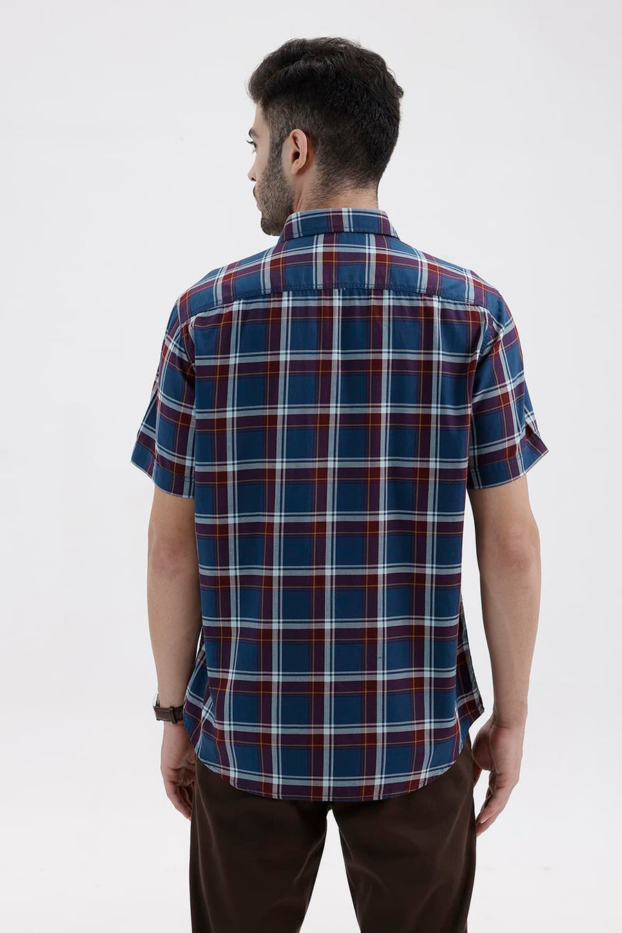 BASICS SLIM FIT POSEIDON BLUE COTTON TWILL CHECKS HALFSLEEVES SHIRT